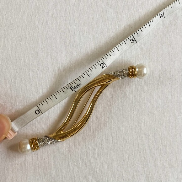 VTG Gold Pearl CZ Diamond Wavy Brooch Pin - Picture 8 of 8